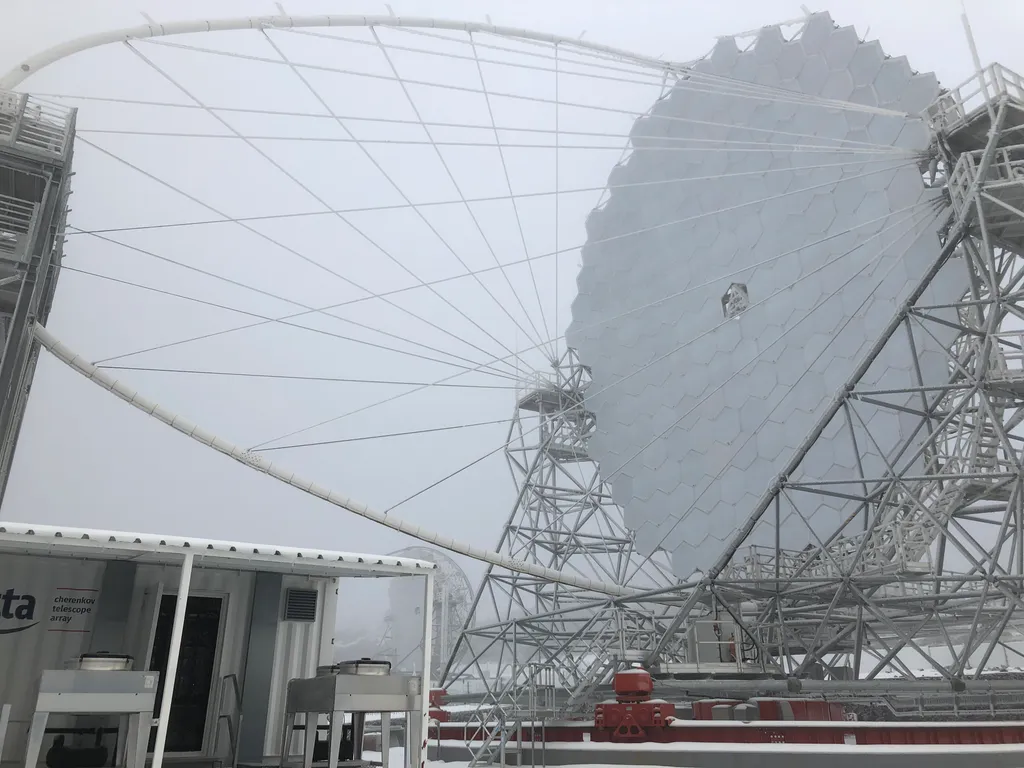 LST-1 covered in ice and snow after Winter Storm Filomena in January 2021.